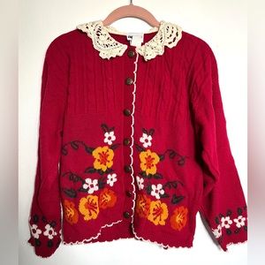 Vintage Knitwaves Floral Button Up Cardigan Sweater Crochet Collar Size Large